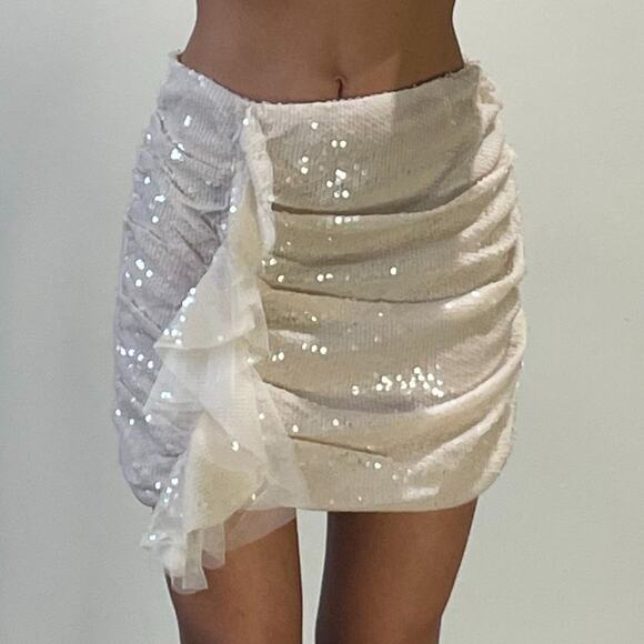 Cream Sequined Ruffled Skirt - Picture 1 of 5